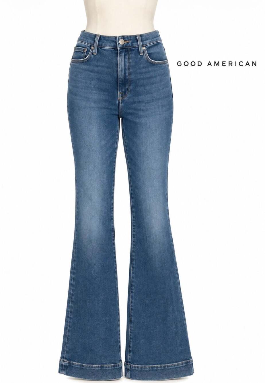 Good American Good Flare Jeans 10/30 Blue High Rise Wide Cuff Stretch